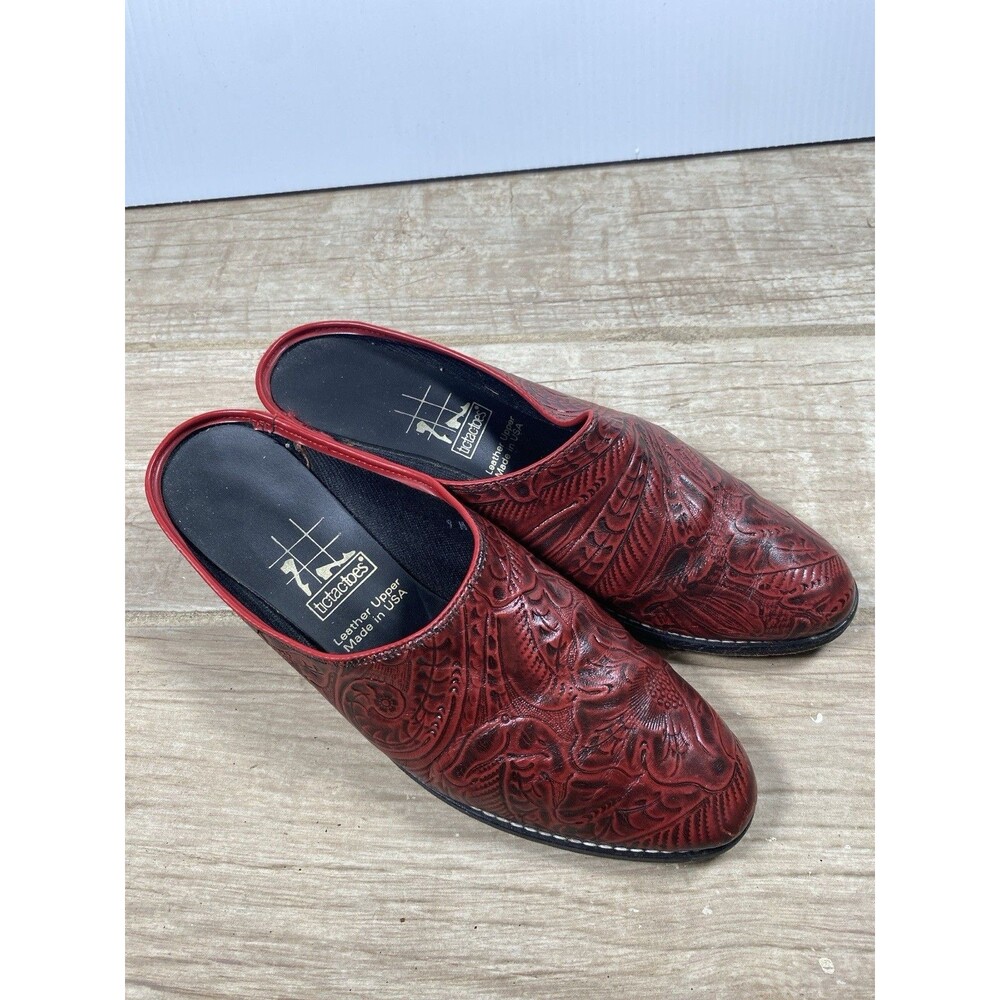 TicTacToes Women’s 9M Red Tooled Leather Western Mules Slip-On Made in USA